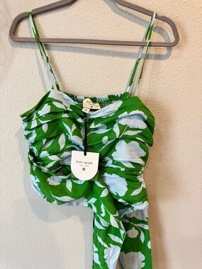kate spade Green and White Floral Ruched Spaghetti-Strap Top